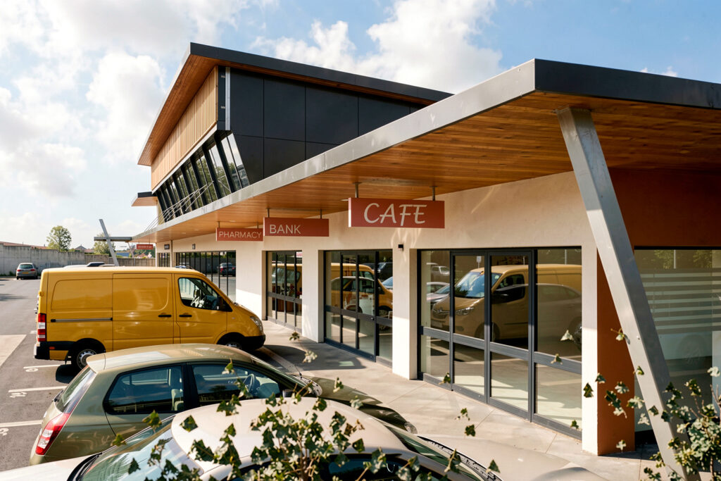 Agnes Water Coral Blue shopping strip – side view.