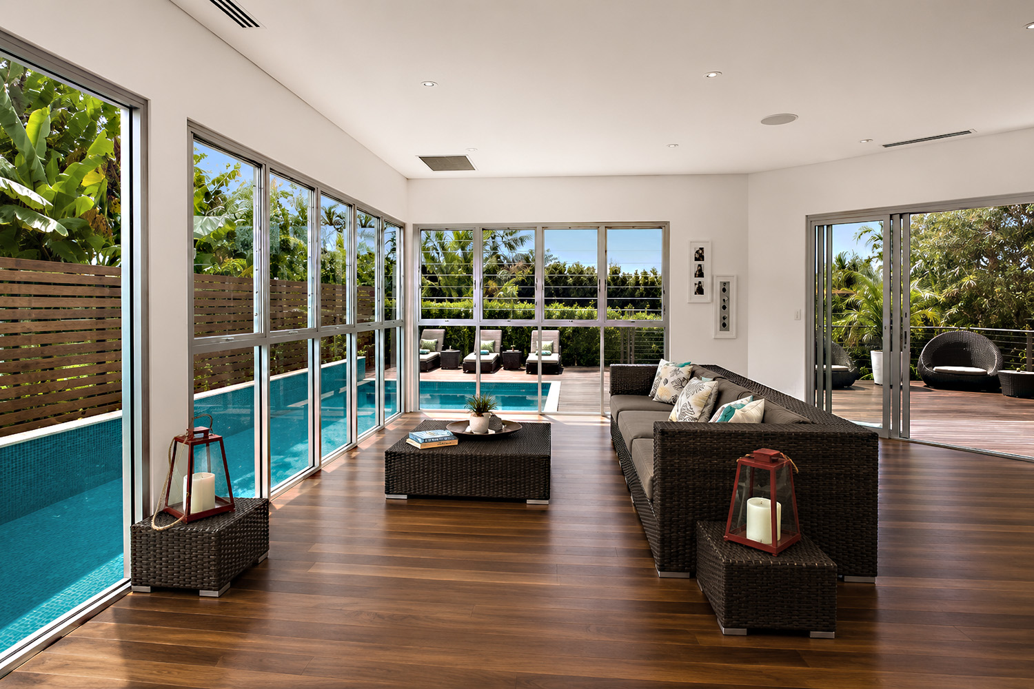 Balinese style renovation – Lounge room looking out over pool