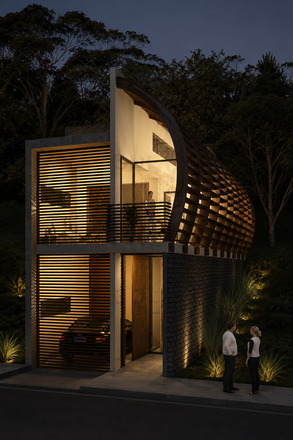 Yin Yang Sustainable House Design – Rear View, Evening