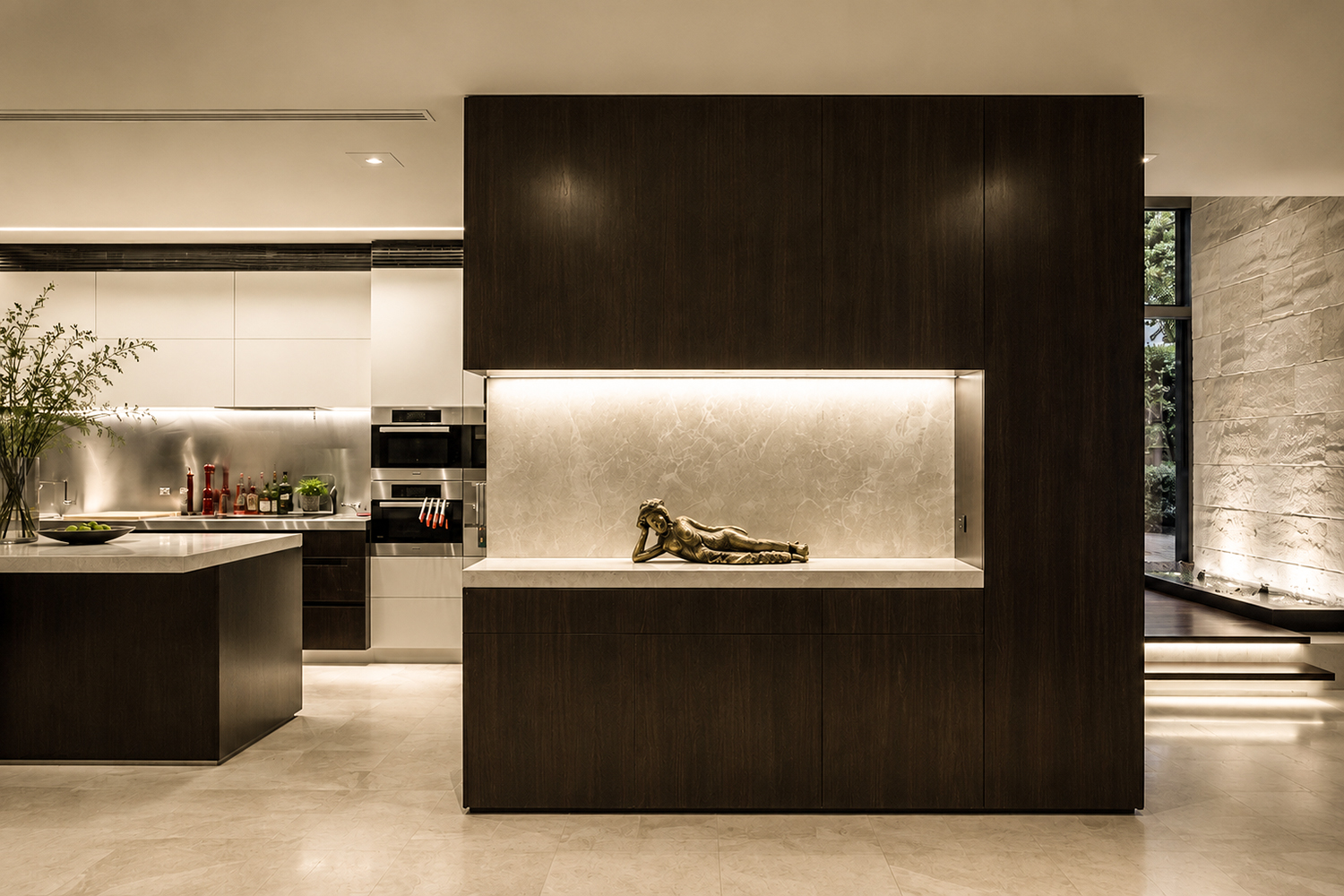 Contemporary waterfront home P&C House Seaforth – Living Area with Reclining Buddha.
