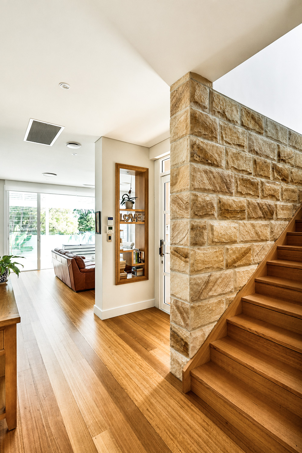 Drummoyne architect – D&N House sandstone wall and timber stairs
